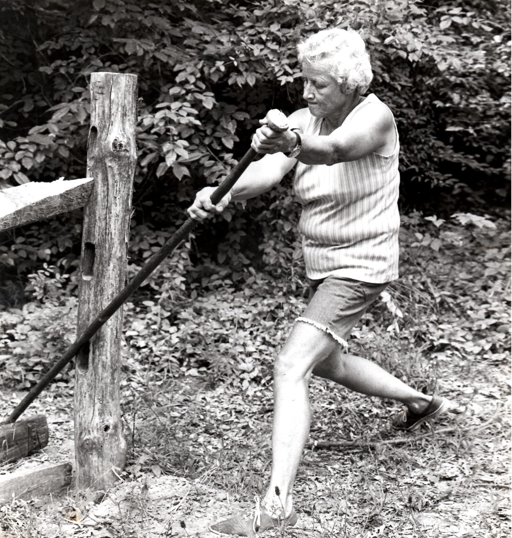 Grace Dawson building a cross-country jump at Morven Equestrian Park in 1995